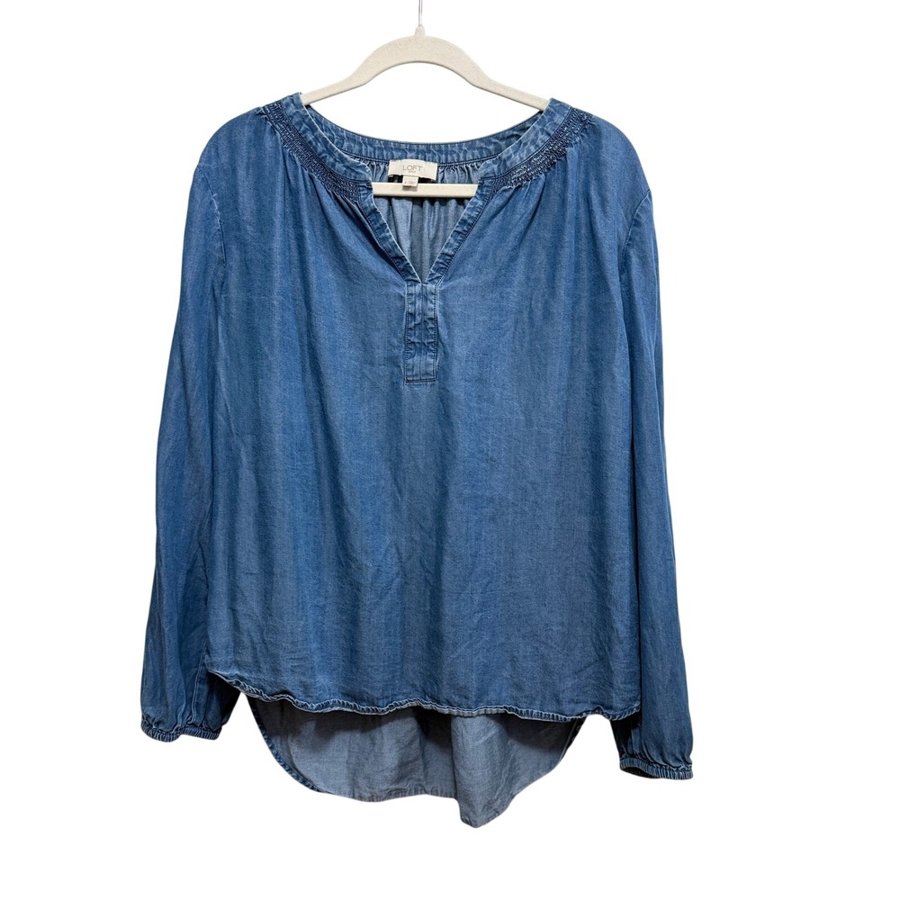 Loft Women L Blue Lyocell Chambray Smocked Top Split Neck Blouse Coastal grandma